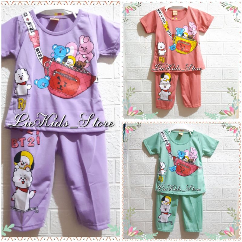 Lkids Setelan Baju tidur anak Cewek Piyama anak perempuan Sablon Karakter BT21 Lengan Pendek