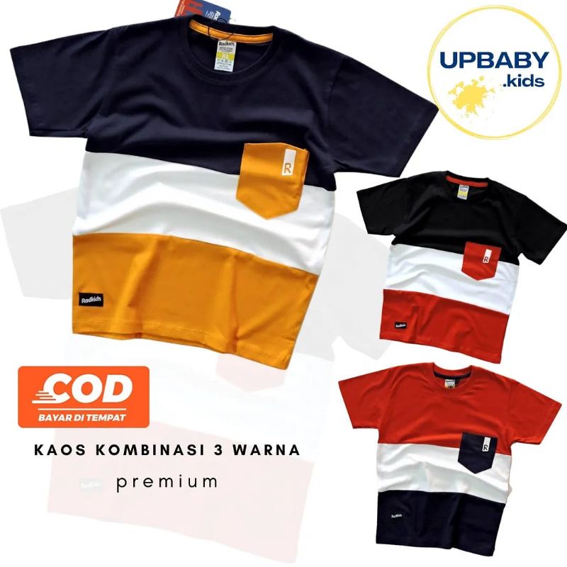 Kaos Anak Laki Laki Premium Kombinasi 3 Warna Model Kantong Keren Bahan Cotton Combed 30s  4 5 6 7 8 9 10 Tahun