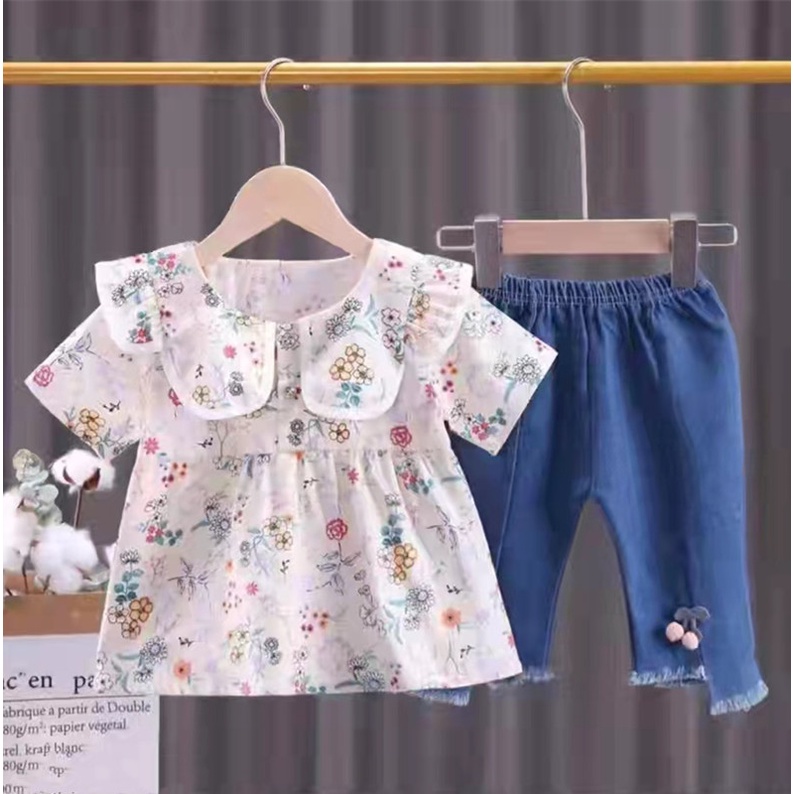 Setelan anak perempuan atasan jins cherry import 1-4 tahun/ Baju Setelan kemeja Setelan Jeans anak cewek tanggung