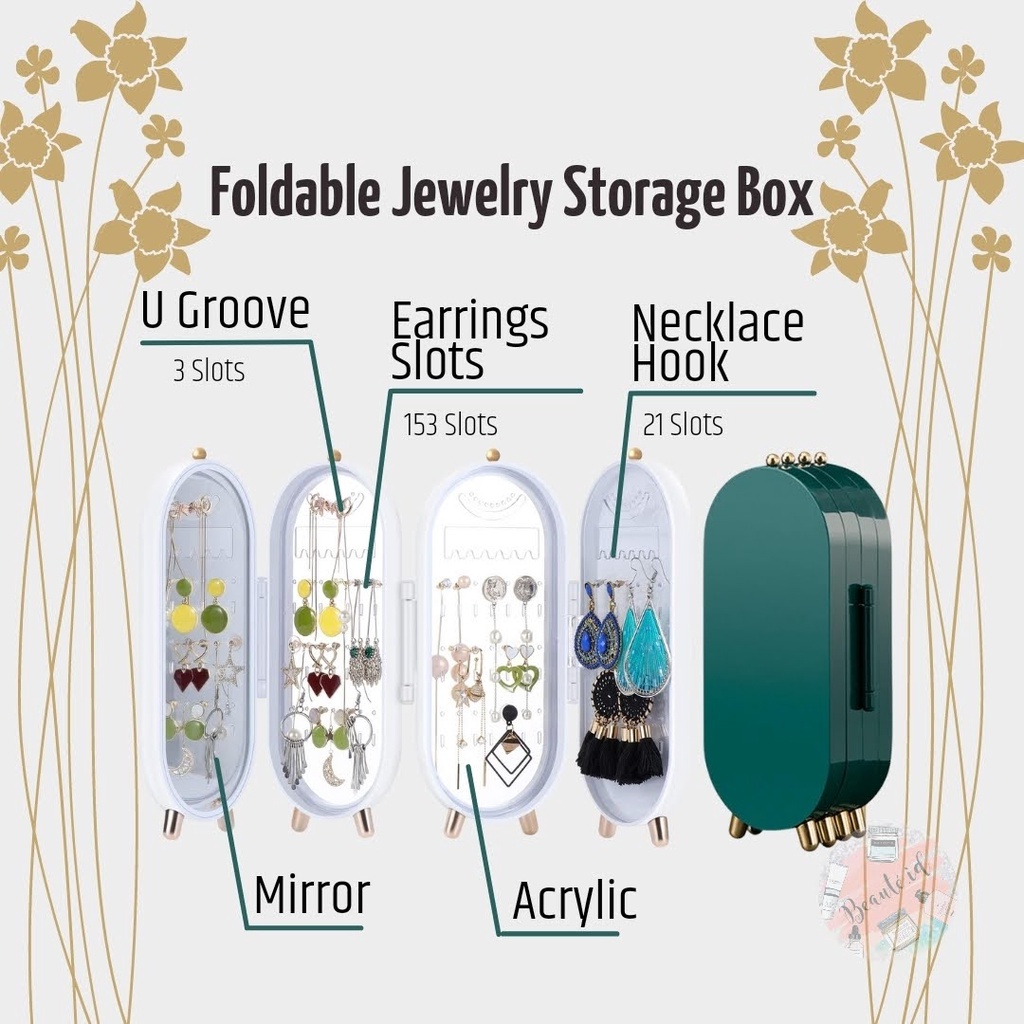 Kotak Tempat Wadah Penyimpanan Perhiasan Anting Kalung Cincin Model Lipat Portable dengan Cermin Aesthetic Organizer Jewelry Display Box Premium Quality