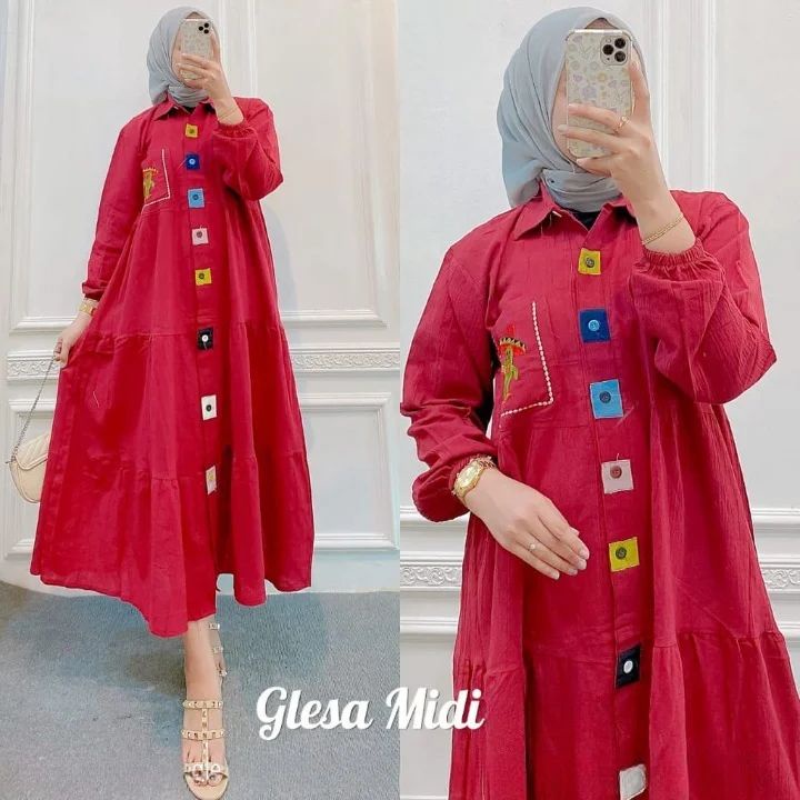 Midi Glessa / Dress Wanita Matt Katun Rayon / Midi Dress Wanita Aplikasi Sablon / Casual Dress / Fashion Muslimah / GOM