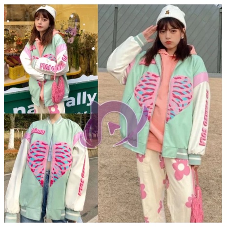 HEART VARSITY JAKET BISBOL WARNA MINT / KOREAN JACKET FASHION