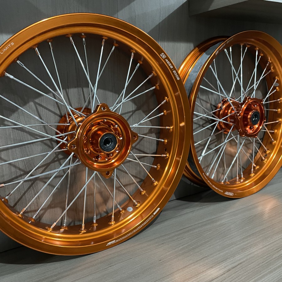 Wheelset Velg Supermoto KLX 150 BF Tromol Scarlet CNC 350-300/17 Orange