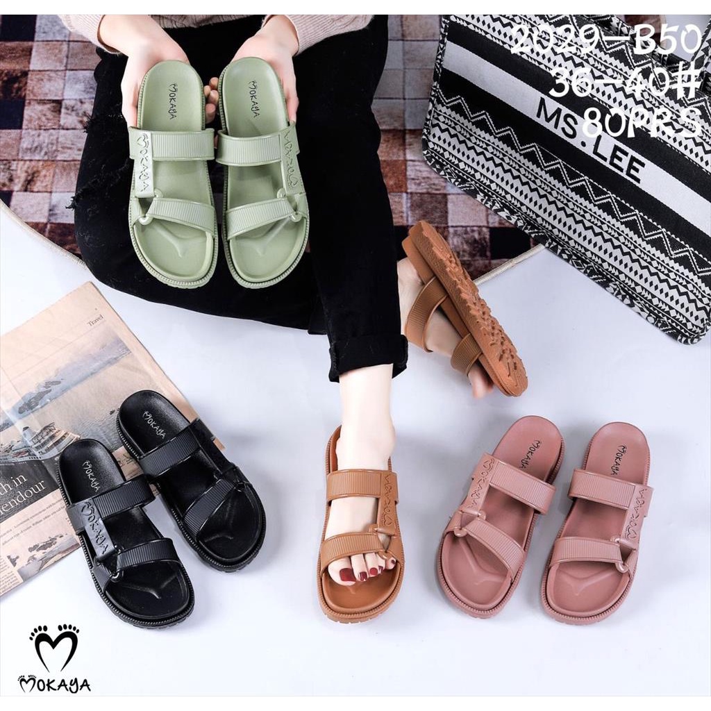 Sandal Slop Jelly Semi Gunung Sama Warna Ban Strip Mokaya Super Keren Cantik Elegant Casual Import Mokaya / Size 36-40 (2029-28/2029-B50)