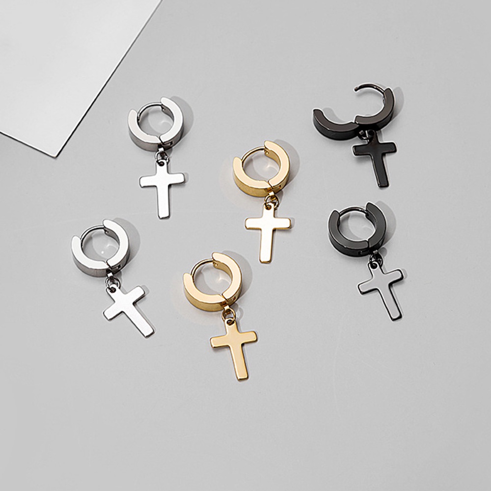 Anting Salib Bahan Stainless Steel Gaya Gothic Punk Rock Warna Emas Hitam Silver Untuk Pria Dan Wanita