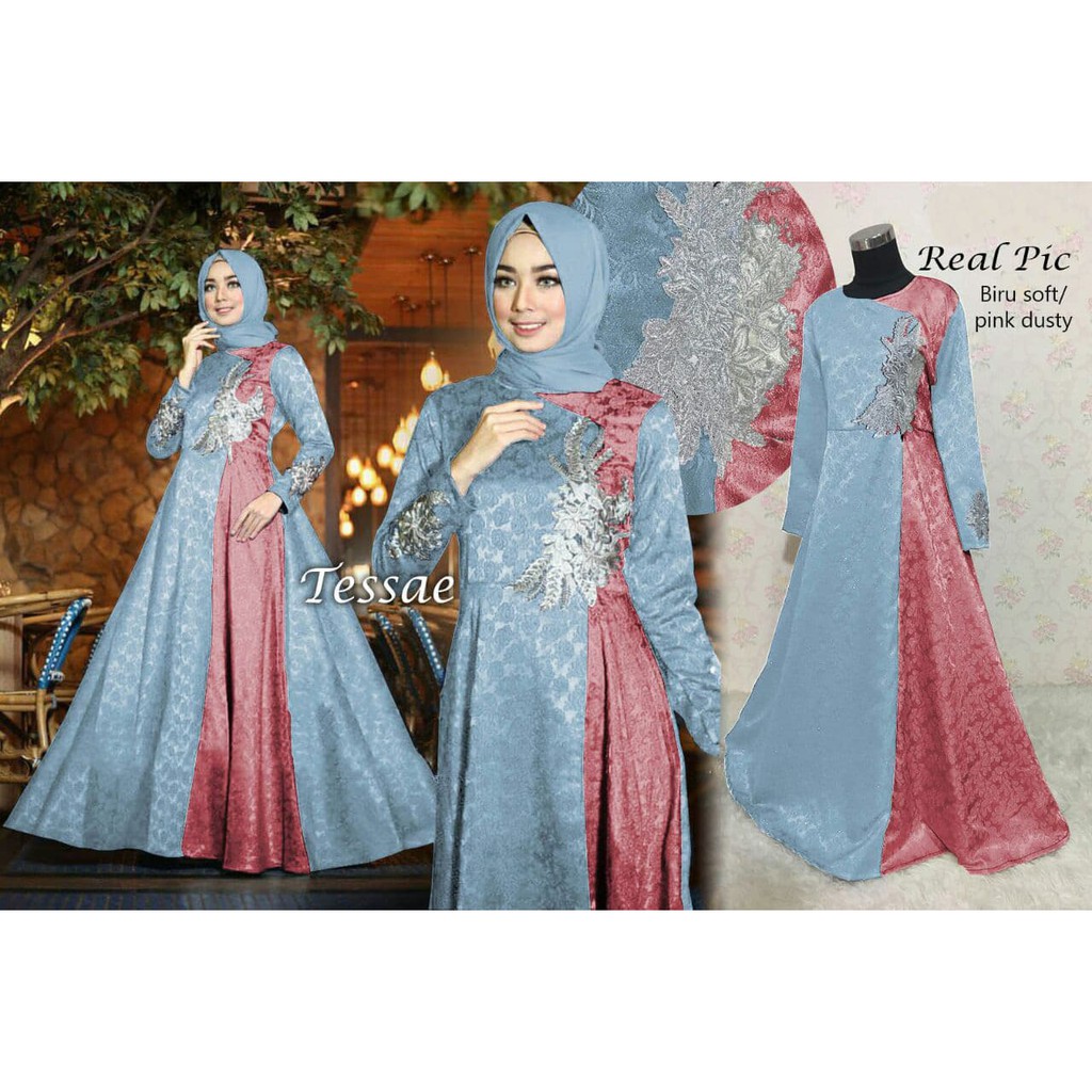 HOT PRODUK121223 GAMIS PESTA TESSAE BIRU SOFT-PINK DUSTY
