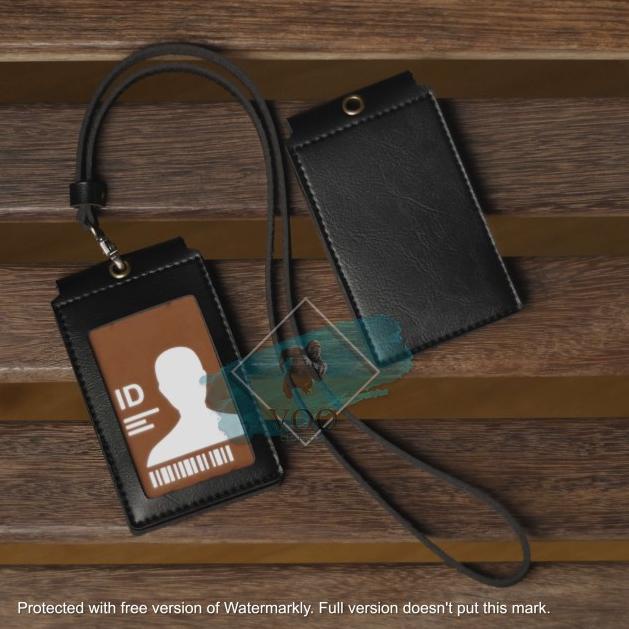 

✳ Name Tag Magnet ID Card Holder Kulit ID Lanyard PU Leather FRONT HITAM ♙