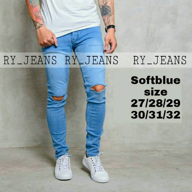 Celana jeans sobek pria jeans sobek lutut skinny streeth melar