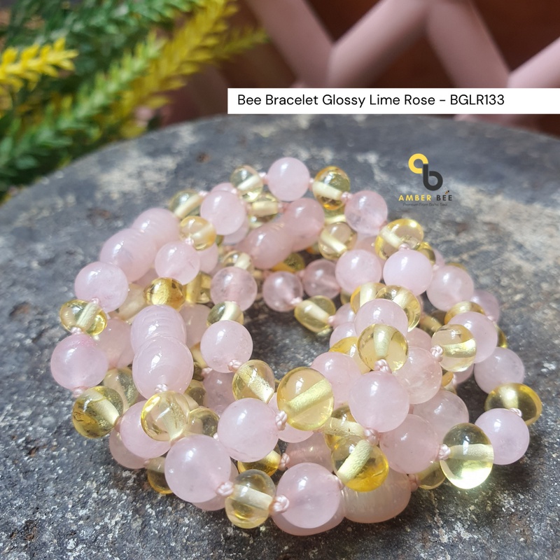 Gelang Amber Baltic Anak dan Balita Premium Glossy Lime Gemstone Rose BGLR133 By Amber Bee