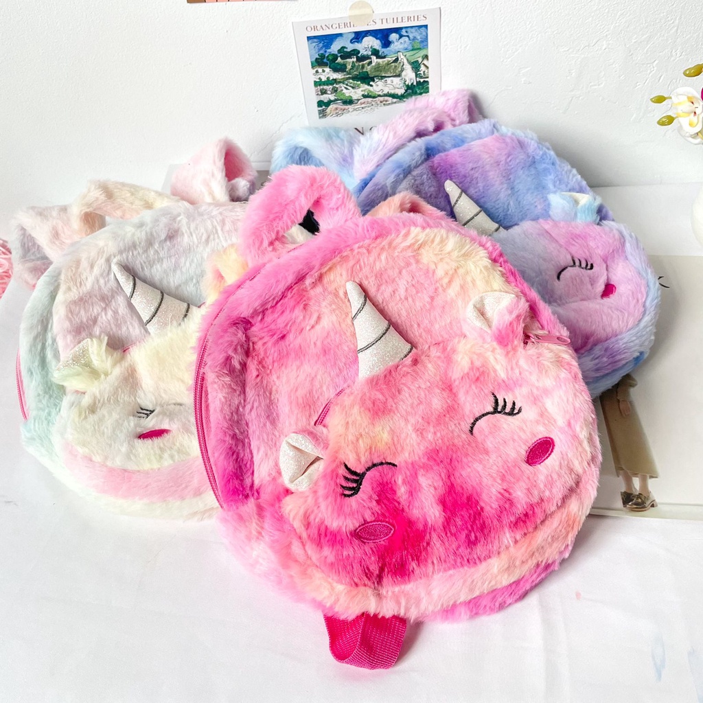 Tas ransel bulu unicorn plushie/ tas ransel tanduk unicorn ransel anak sekolah unicorn bulu halus Im