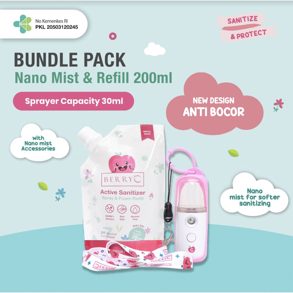 BERRY C BERRYC NANO MIST SPRAY + 200ML POUCH REFILL ACTIVE HAND SANITIZER CAIR BABY AND MOTHER SAFE SANITISER SANITIZE DESINFEKTAN DISINFECTANT DISINFEKTAN ANTI SEPTIC BACTERIAL ANTIBACTERIAL ANTISEPTIC