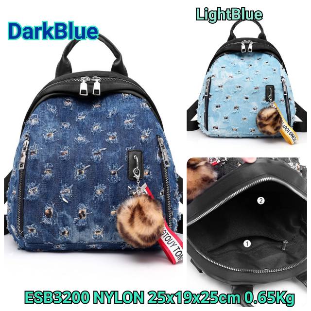 ESB3200 Tas Batam Import Ransel Wanita Moyif Ripped Jeans Model Gembung Zipper Pom Pom Letter Strap