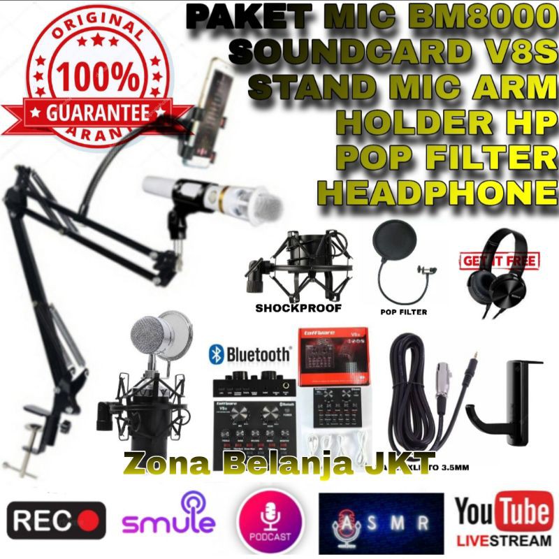 PAKET MIC CONDENSER BM 8000 BM8000 SOUND CARD V8S BLUETOOTH LIVE RECORDING PODCAST