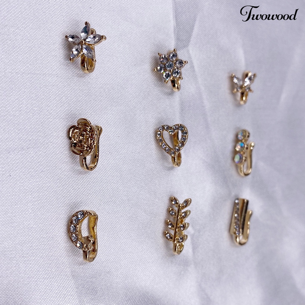 9pcs Anting Stud Hidung Bentuk Bunga Bulan Aksen Berlian Imitasi Untuk Pesta