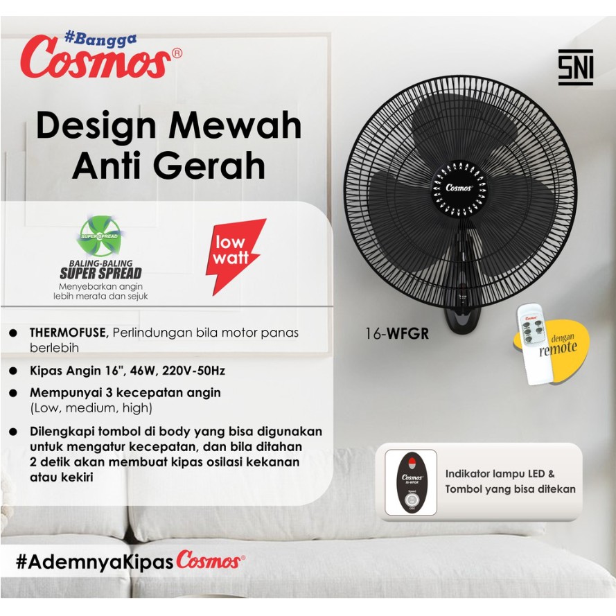 Kipas Angin Dinding Wall Fan Cosmos Remote 16 Inch 16&quot; 16 WFGR / 16-WFGR