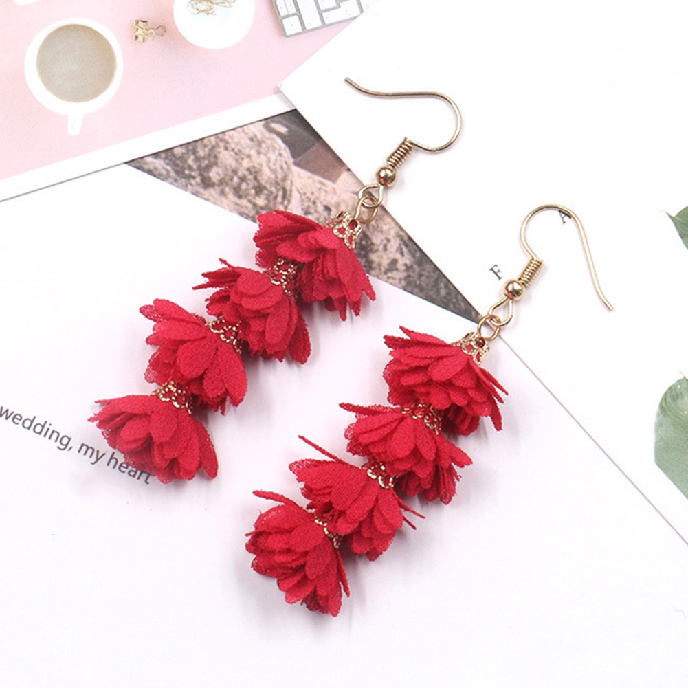 Anting Kait Gantung Panjang Desain Bunga Kain Rumbai Gaya Boho Untuk Wanita