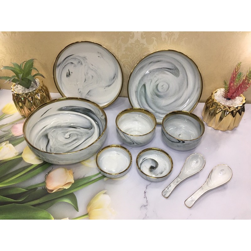 LYS#565MS Mangkok Marbel Set Mangkok Nasi / Piring / Sendok / Garpu / Mangkok Sup / Mangkok Keramik