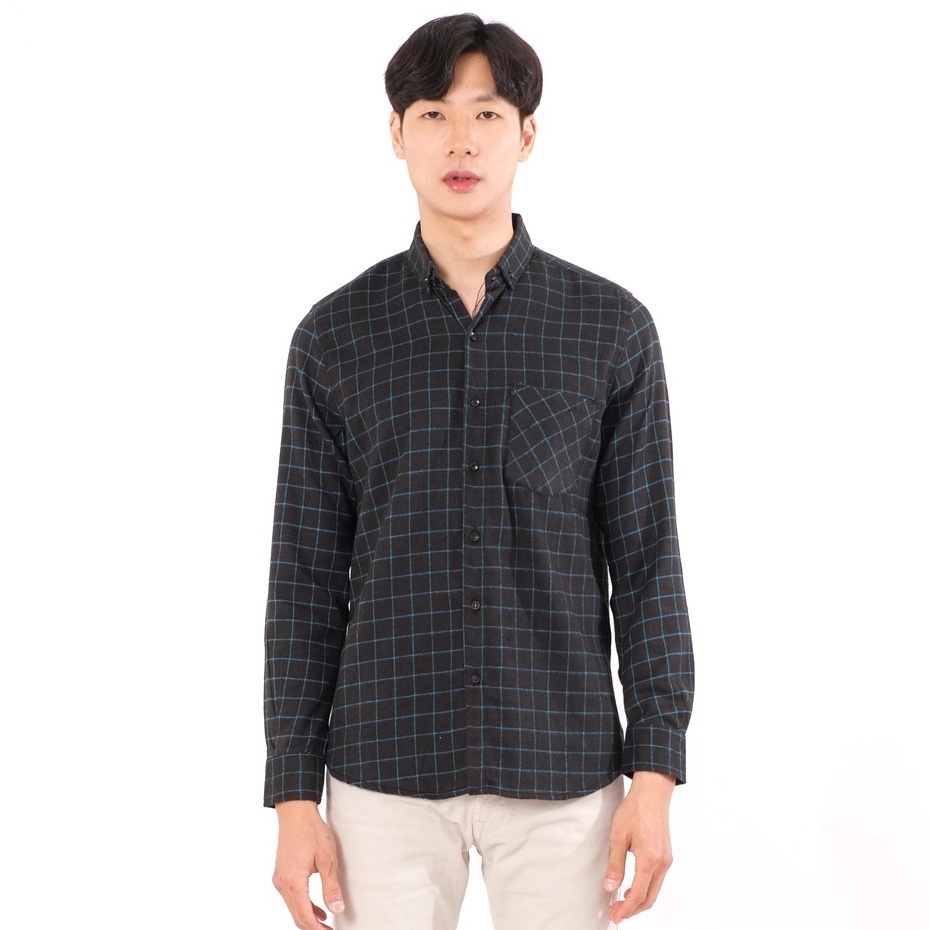 SANVANINA Kemeja Flanel Panjang Pria Distro Slim Fit Hitam Kotak Kotak | Flannel Checked Black Tosca - E-8007