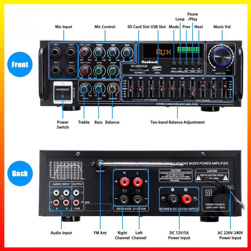 Ampli Hi-Fi Stereo Audio Amplifier Bluetooth EQ Karaoke FM 2000W Remot Kontrol Radio FM Slot Kartu SD dan USB - Sunbuck AV-326Z PLUS - 4PSK07BK