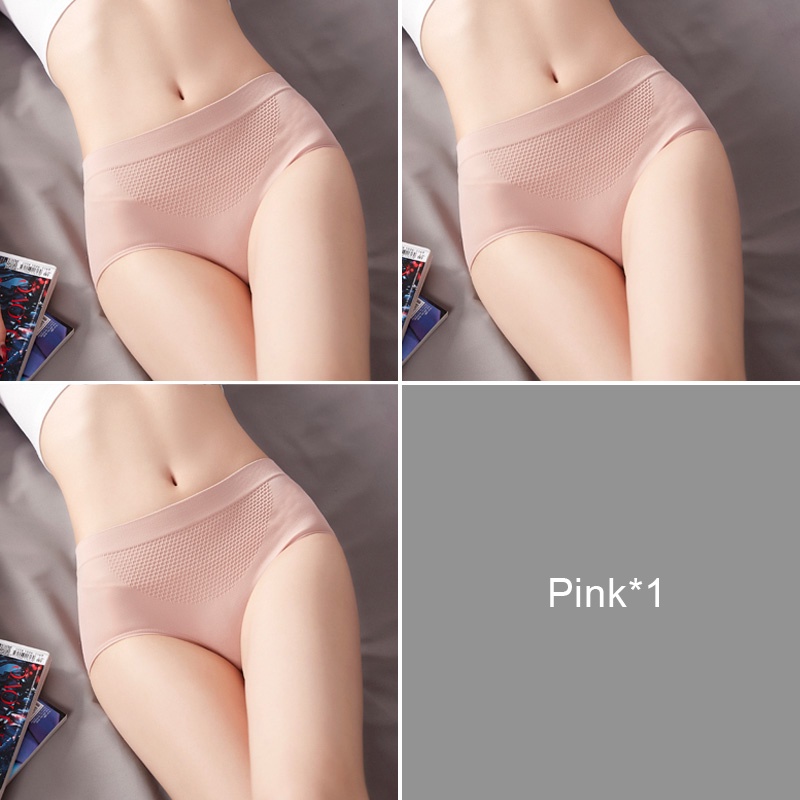 Celana Dalam Wanita Briefs Elastis Seamless Mid Waist Bahan Katun-Pink