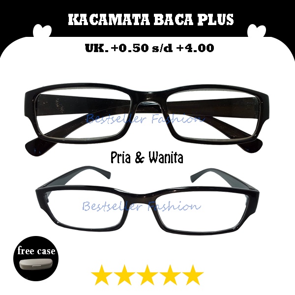 Kacamata Baca Plus (+) Uk. +0.50 s/d +4.00 Frame Plastik Hitam Kaca Mata Rabun Dekat Untuk Pria dan Wanita FREECASE
