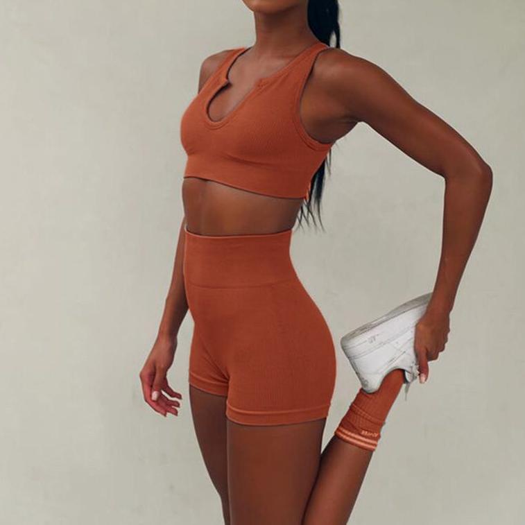 Crop top S02 set sport bra legging rib knit pakaian dalam yoga gym fitness baju luar celana ketat pe