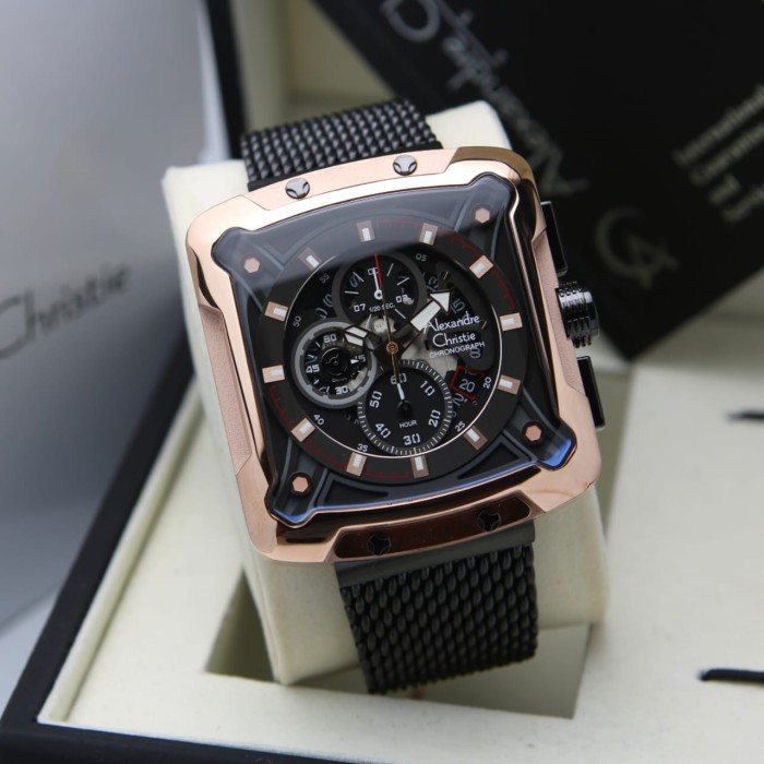 [ ORIGINAL ] Jam Tangan Pria / Cowok Alexandre Christie 3030 Rantai - ROSEGOLD BLACK ori