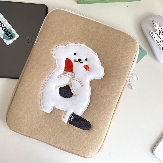 Sleeve Pouch Sarung Tas Bag Case Ipad Tab Tablet Macbook Air Pro Laptop Asus Acer Lenovo HP Huawei 11 12 13 14 15 inch Motif Gambar Kartun Anjing  Dog Poodle Warna  SOft Brown Khaki Cute Murah Korean Model