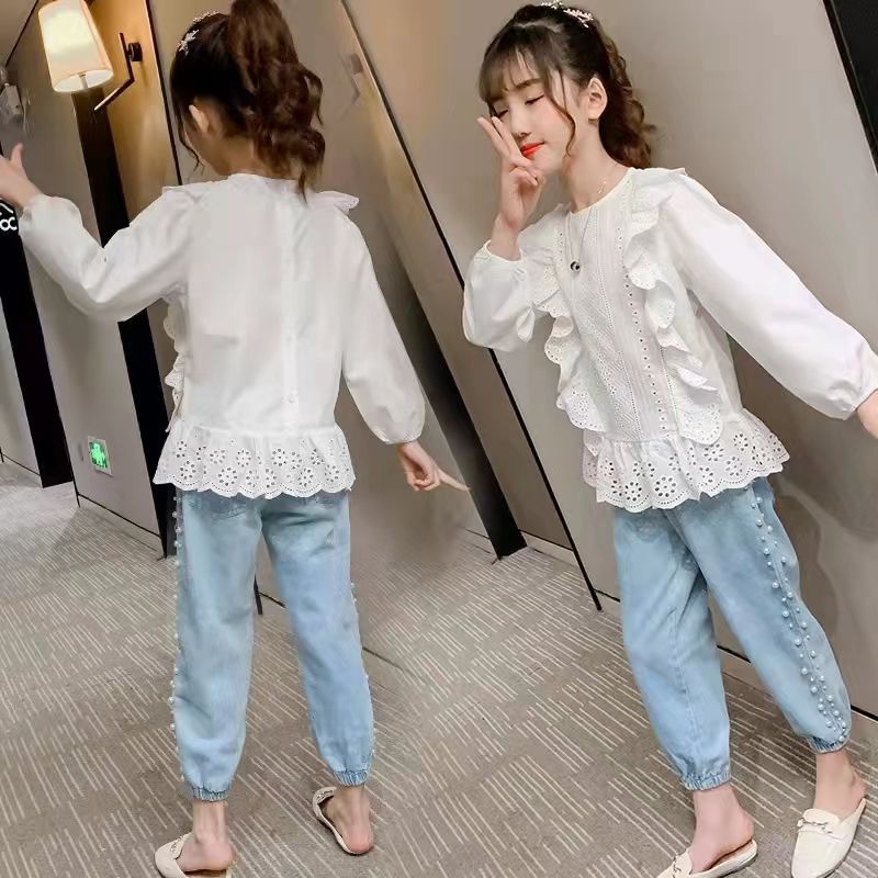 Setelan 2 in 1 Blouse putih Jeans jogger Anak Import Junior size 5 6 7 8 9 tahun cewek perempuan pre