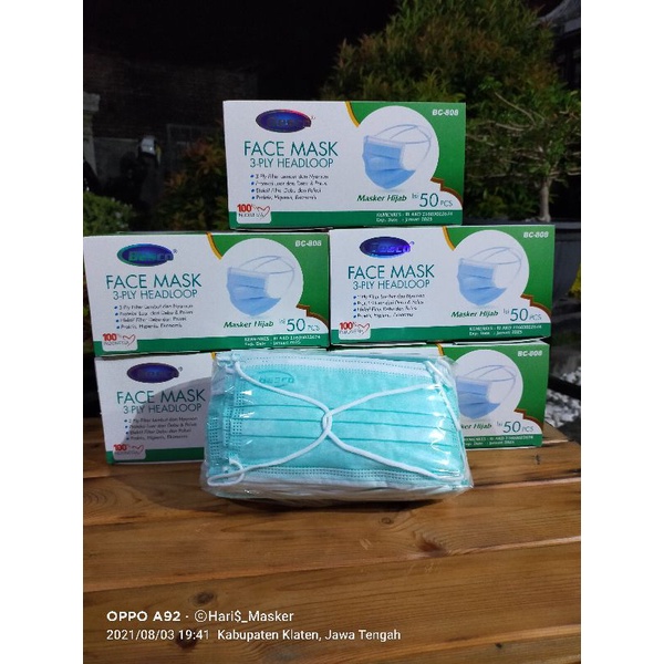 Masker Besco 3 ply headloop SURGICAL MASK/masker besco hijab/WARNA HIJAU