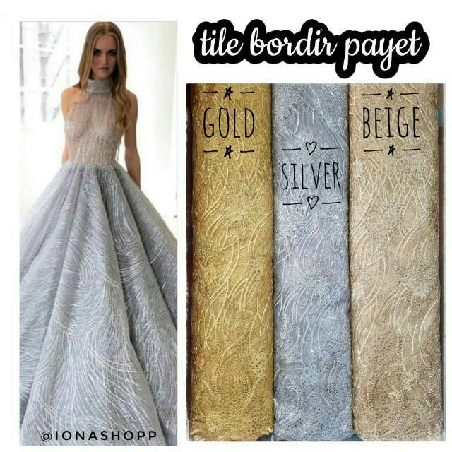 Tille bordir payet sequin / Kain tulle / bahan kebaya gold / silver / beige