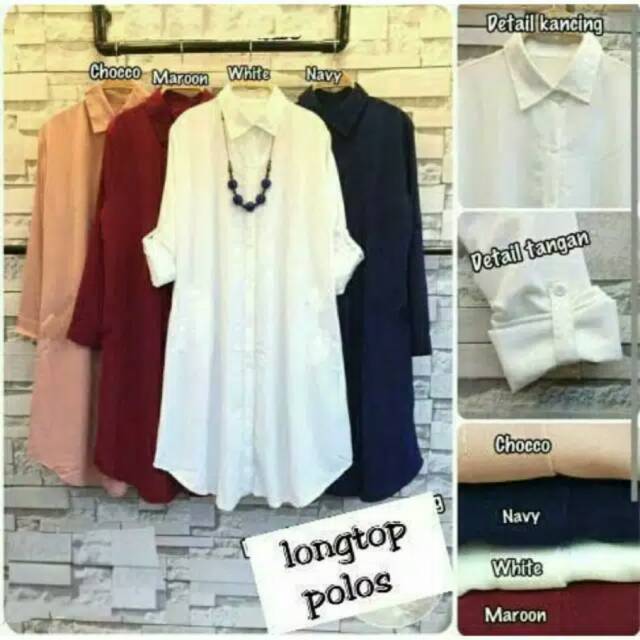 LONG TOP KEMEJA HEM TUNIK KERJA KANTOR WANITA PUTIH POLOS