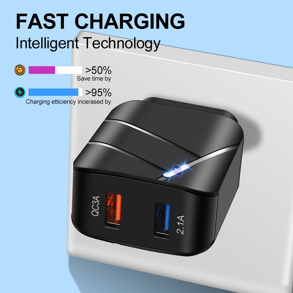 Adapter Charger Dual Port USB QC3.0 Fast Charging Multi Port Dengan Lampu Untuk Handphone