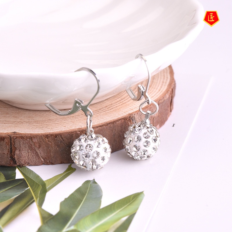 [Ready Stock]Spherical Diamond-Embedded Crystal Earrings Silver Simple