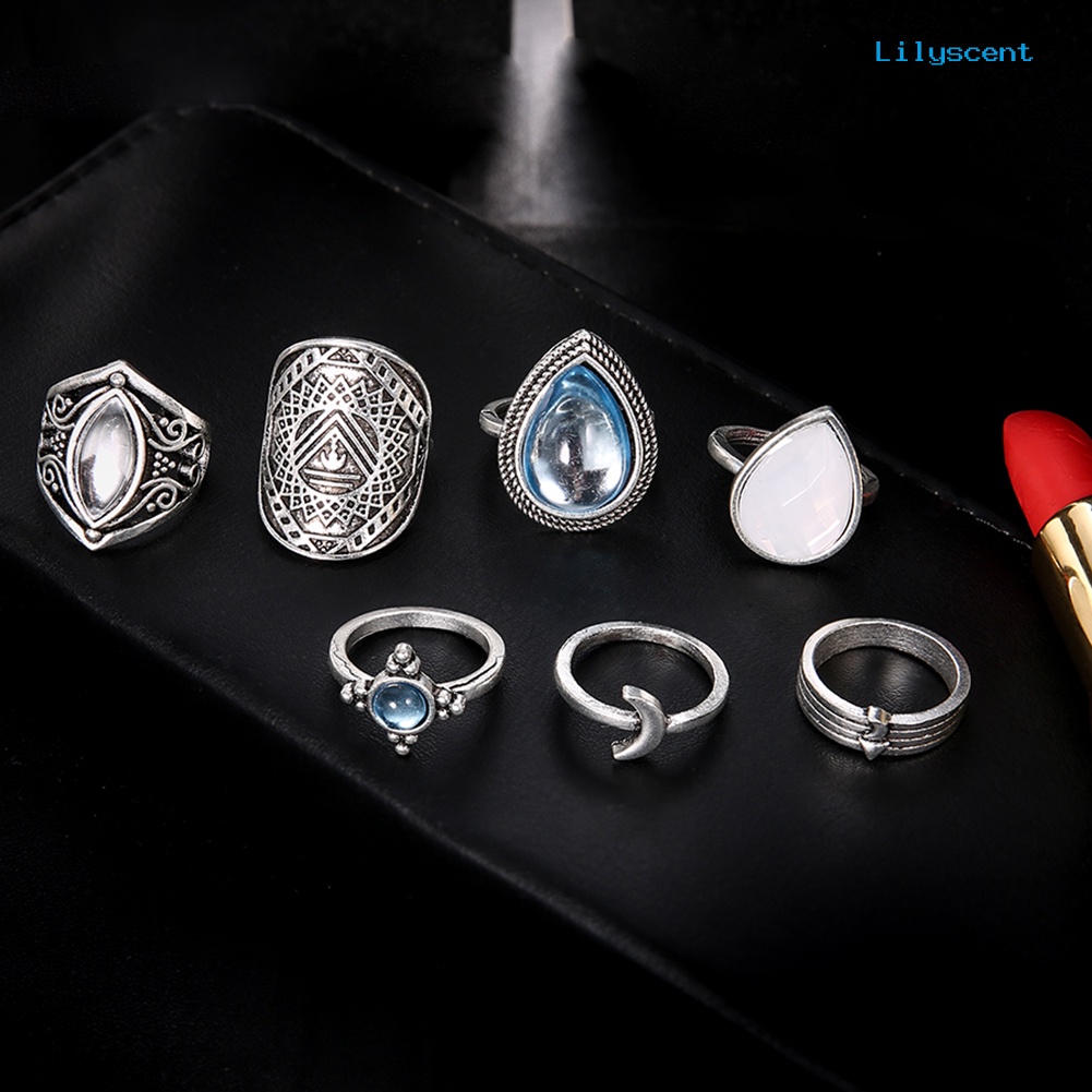 7pcs / Set Cincin Knuckle Bentuk Bulan Tetesan Air Opal Buatan Gaya Retro Untuk Wanita