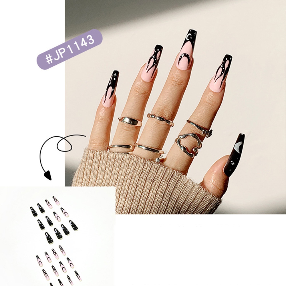 24 Pcs Patch Kuku Palsu Desain Bulan Bintang Warna Hitam Dan Putih Untuk Dekorasi Nail Art