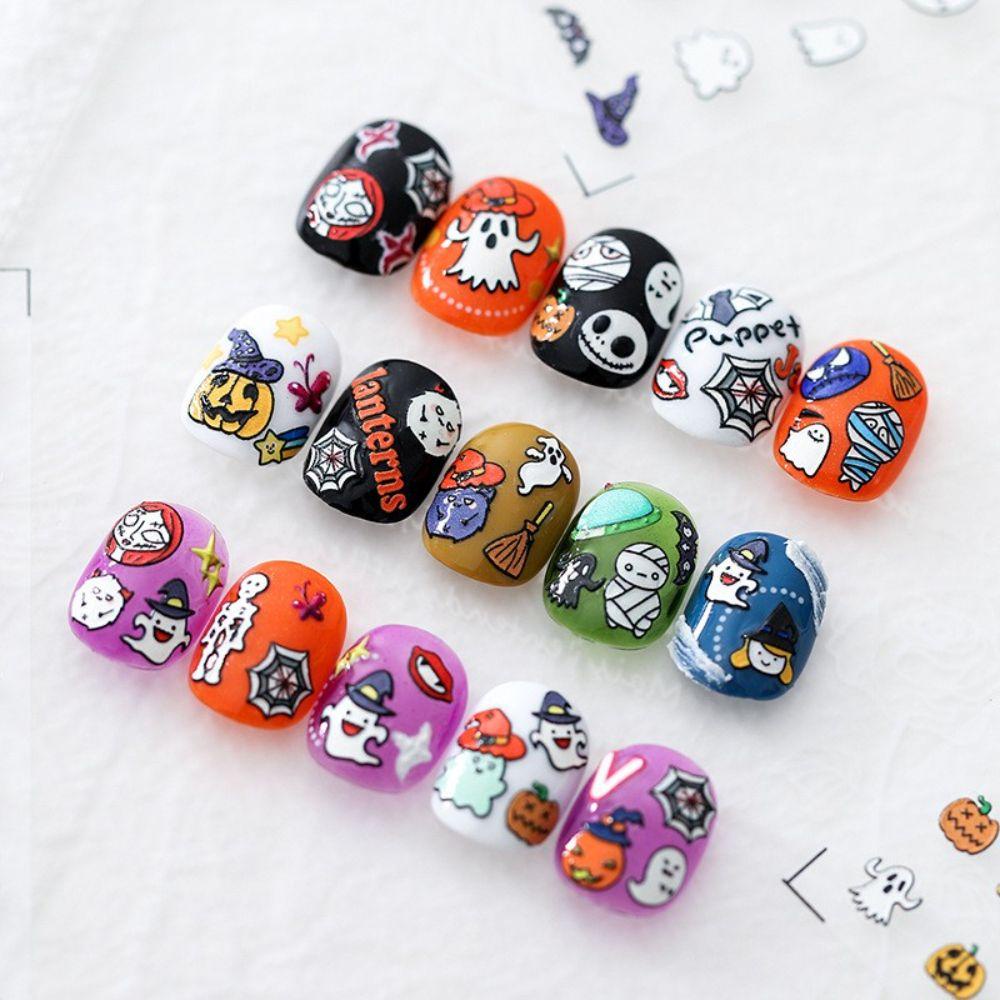 AUGUSTINA Agustina Halloween Nail Art Sticker Perekat 5D Timbul Tengkorak Labu Manicuring Sticker