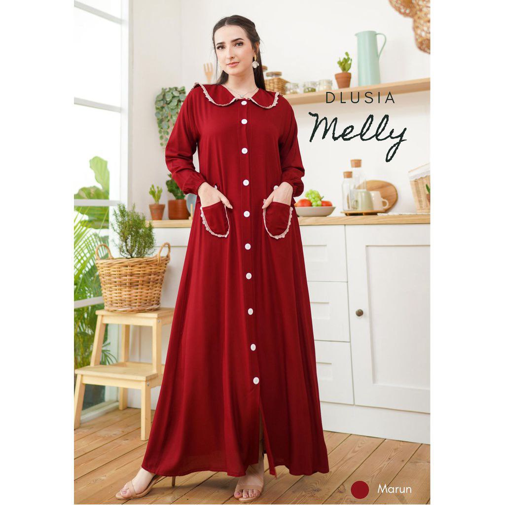 Gamis Terbaru Renda Dlusia Melly Rayon Premium Dress Wanita Kerah Peterpan Longdress Full Kancing LD 115 cm