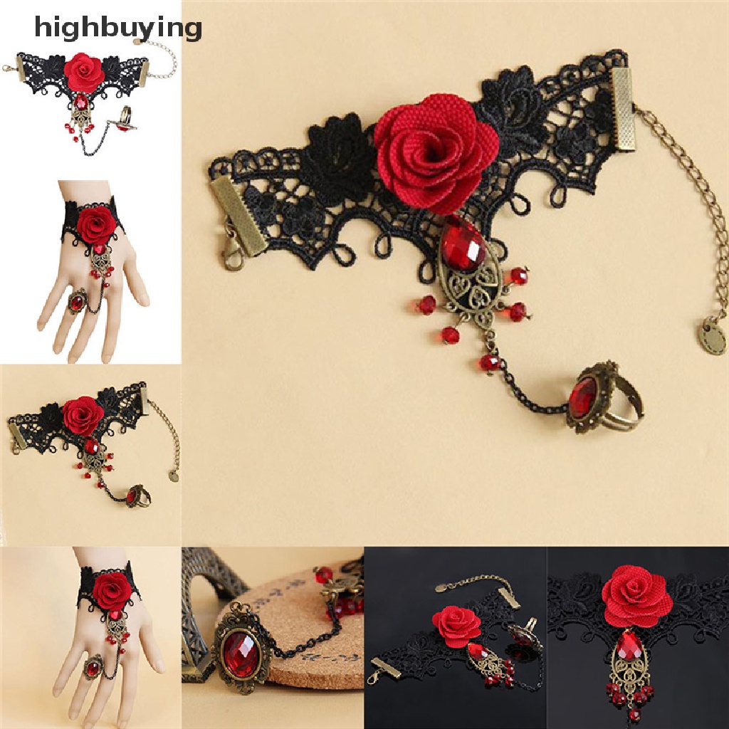 Hbid Gelang Sambung Cincin Bahan Lace Desain Mawar Merah Gaya Elegangothic Adjustable Untuk Wanita