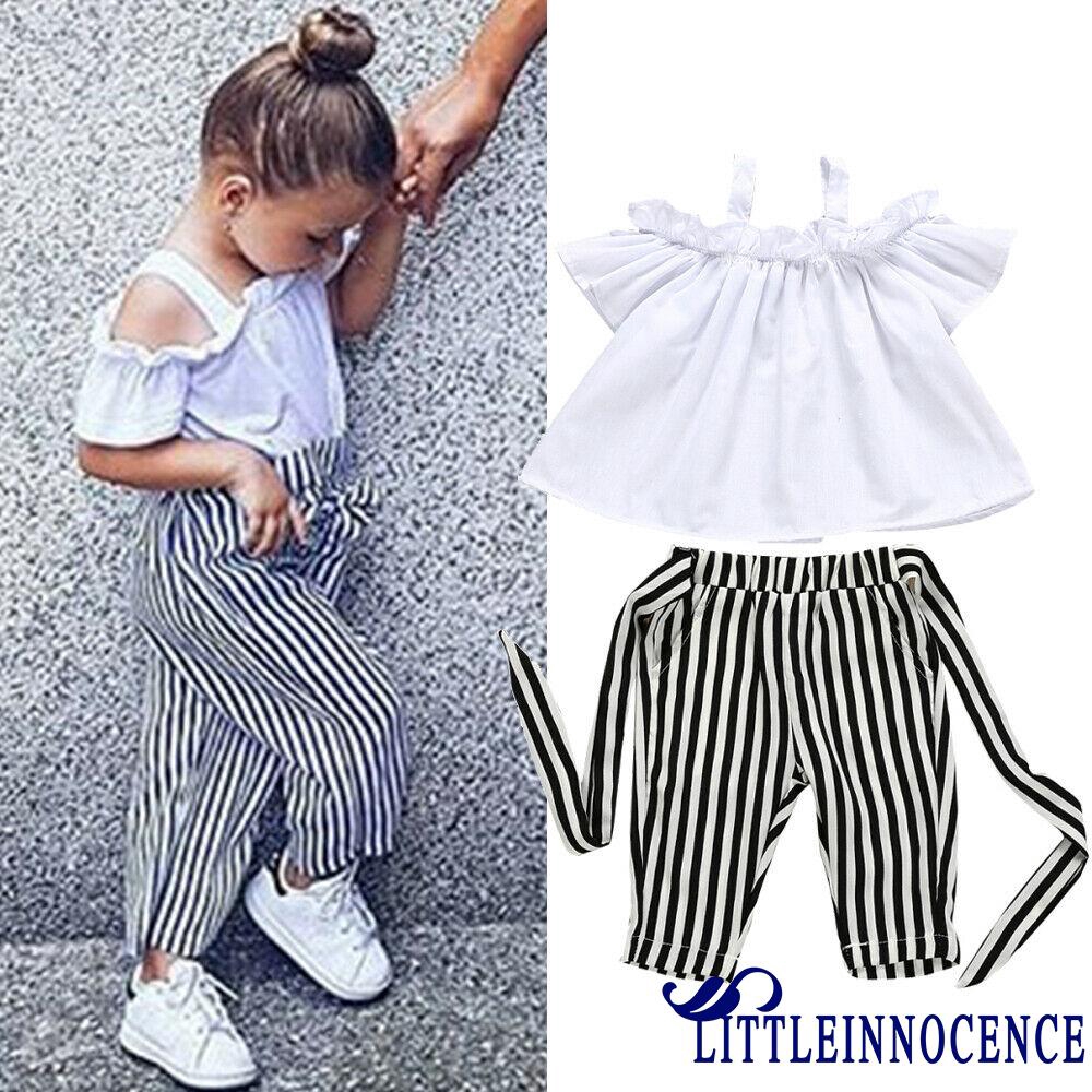 Kids Girls Summer Clothes White Off-Shoulder Ruffle Tops with Bow Stripe Trousers Toddler 2Pcs Outfits Set