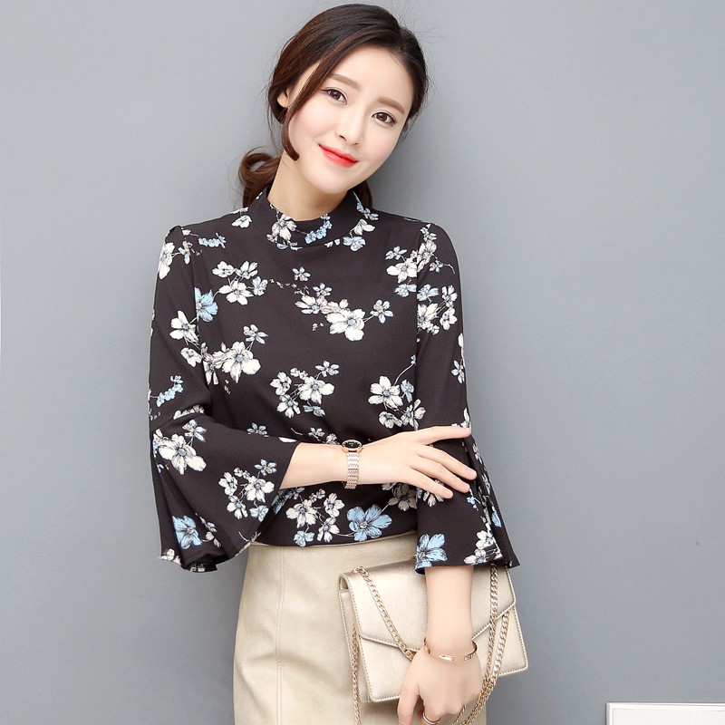 Atasan Blus dengan Motif Floral scottion Sifon Gaya Korea