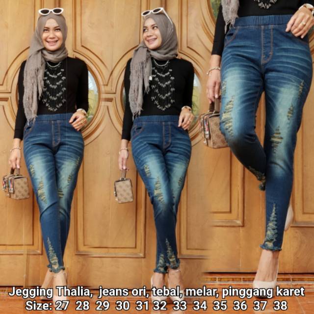 Jegging Thalia . Jeans Ripped Pinggang Karet