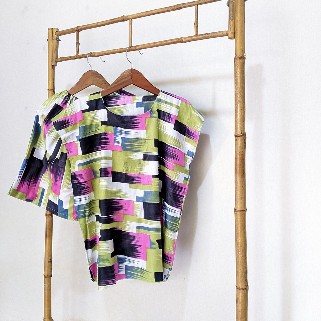 Baju Tidur Tanpa Lengan Piyama Krill Setelan Midi Homewear Homey Dress Baby Doll Dewasa Nyaman Di Rumah Santai WFH Rayon One Set Pajamas-abstract green pink