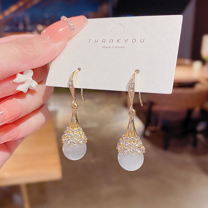 Anting Kait Silver Needle 925 Hias Opal Berlian Untuk Wanita