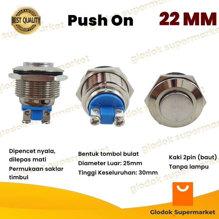 Switch Metal 22mm Push On 2 Pin Tombol Stainless 22 mm Saklar Momentary