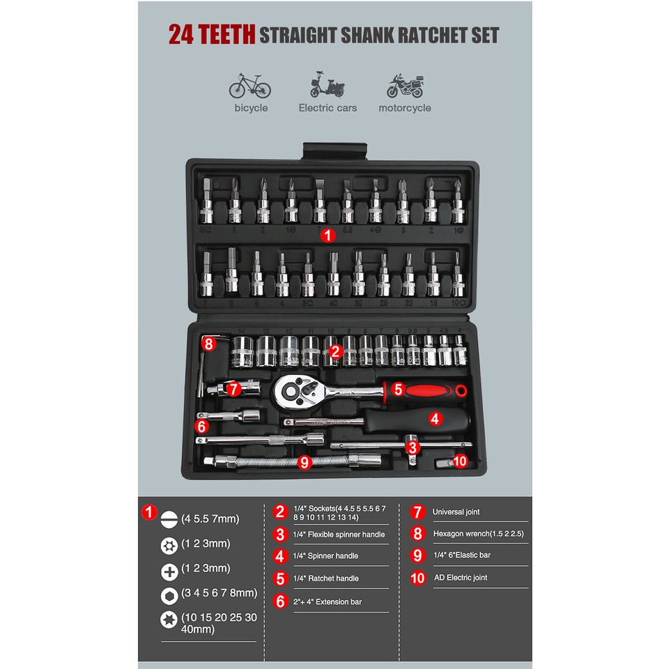 【BAYAR DI TEMPAT / COD】 Kunci SOK 46 PC Set Socket Full Lengkap Socket Tool Kit Pas Ring L Motor Mobil/Universal Kombinasi Tool Kit Reparasi Perbaikan Service Bengkel Mobil Motor Emergency Multifungsi Praktis BagusSet Kunci Socket Wrench 46 PCS Sok