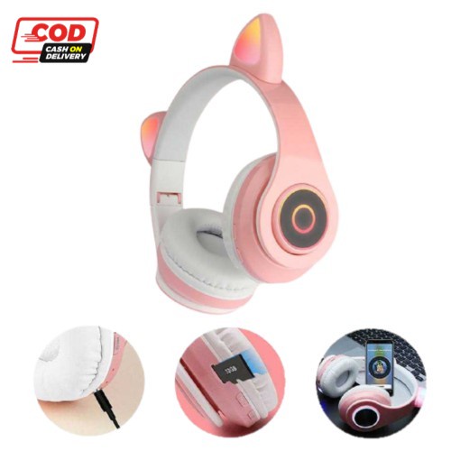 Wireless Bluetooth Headphones Kucing Cute Cat Ear PINK