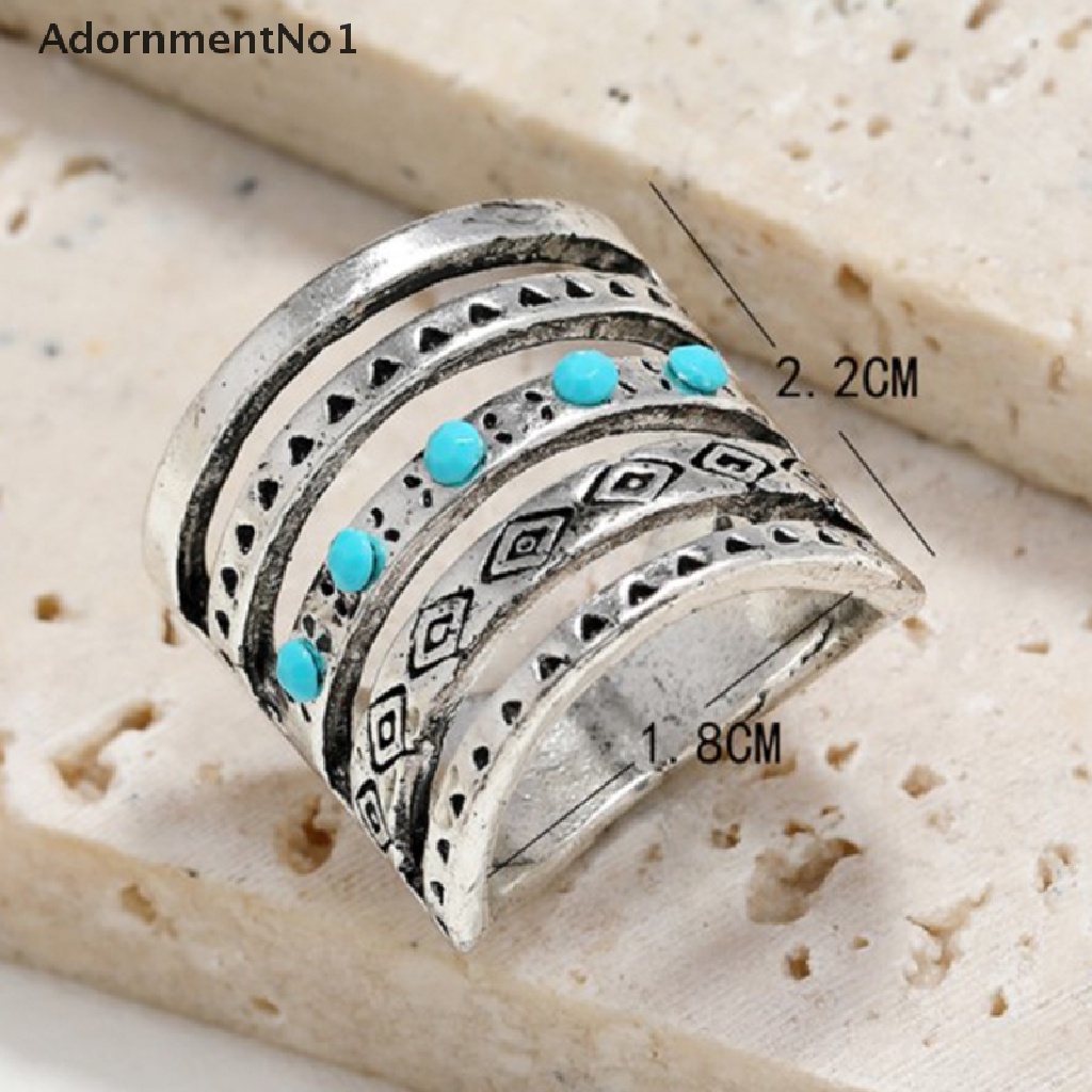 (AdornmentNo1) Cincin Silver Multilayer Gaya Bohemian Aksen Hollow + Turquoise Untuk Perhiasan Pria / Wanita