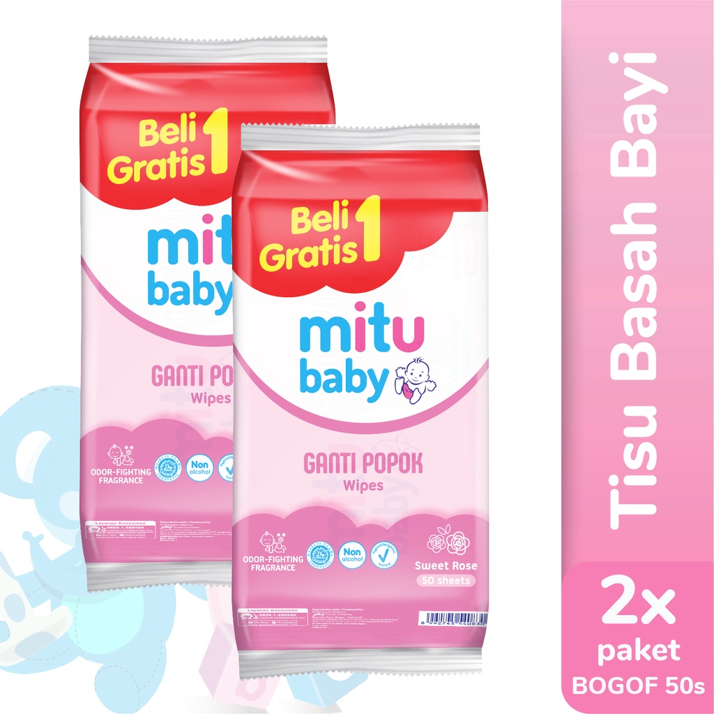 Mitu Baby Wipes Ganti Popok Pink Sweet Rose 50'S Beli 1 Gratis 1 x2 - Tisu Basah Bayi