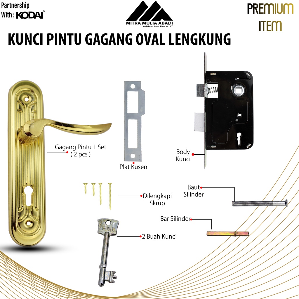 Kunci Pintu Emas Gagang Oval Lengkung I By TOP Safety I Fullset